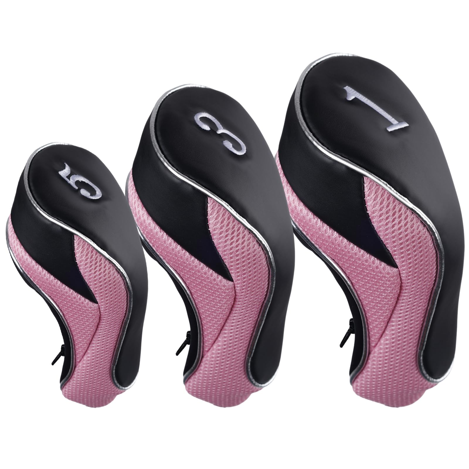 Andux Golfschlägerhauben mit Reißverschluss, 460 cc, Fairwayholz, 3 Stück, Rosa