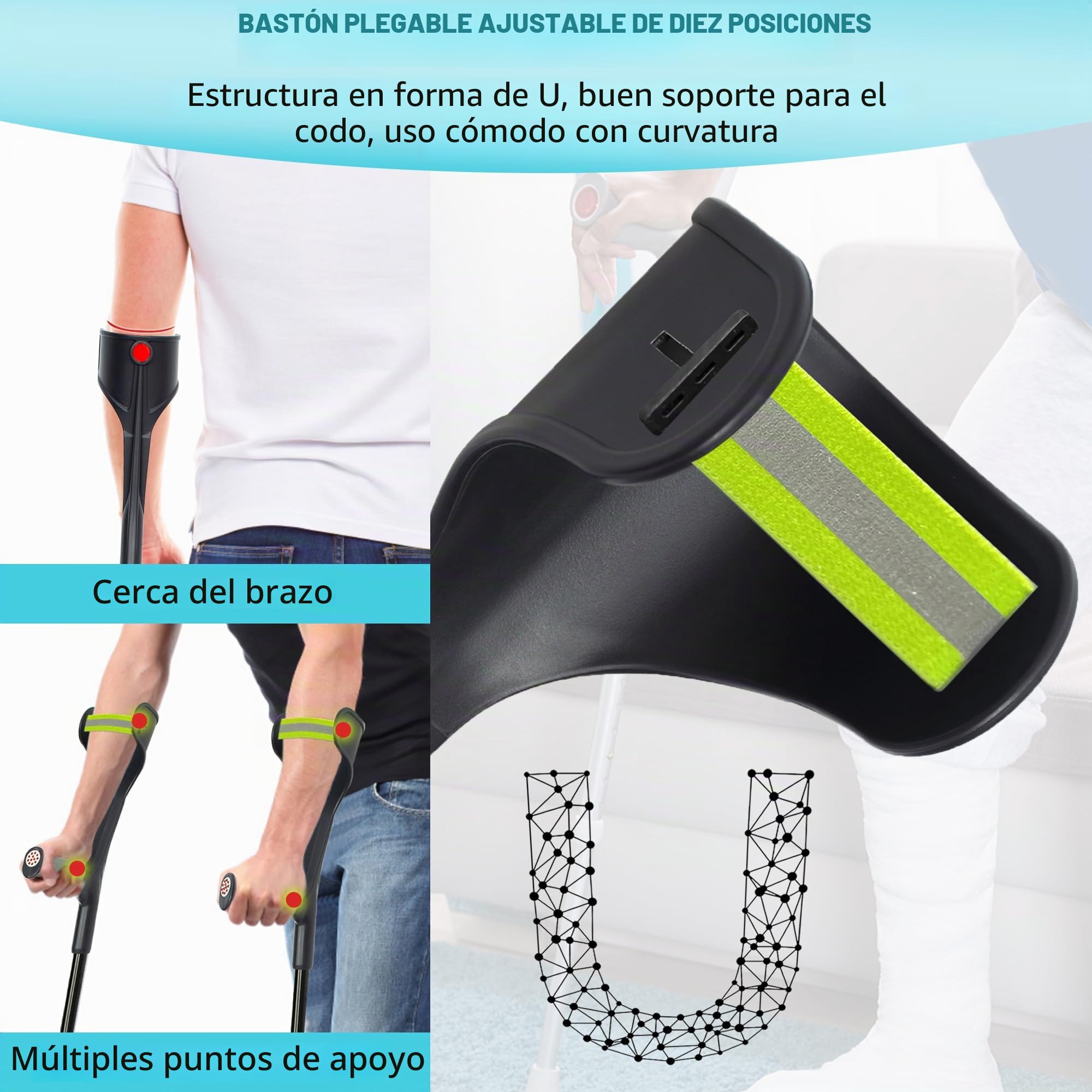 Muletas plegables para antebrazo para adultos (1 unidad), muletas de codo ajustables y ligeras con puños, muletas de viaje con pies antideslizantes, ayudas para movilidad y caminar, color negro