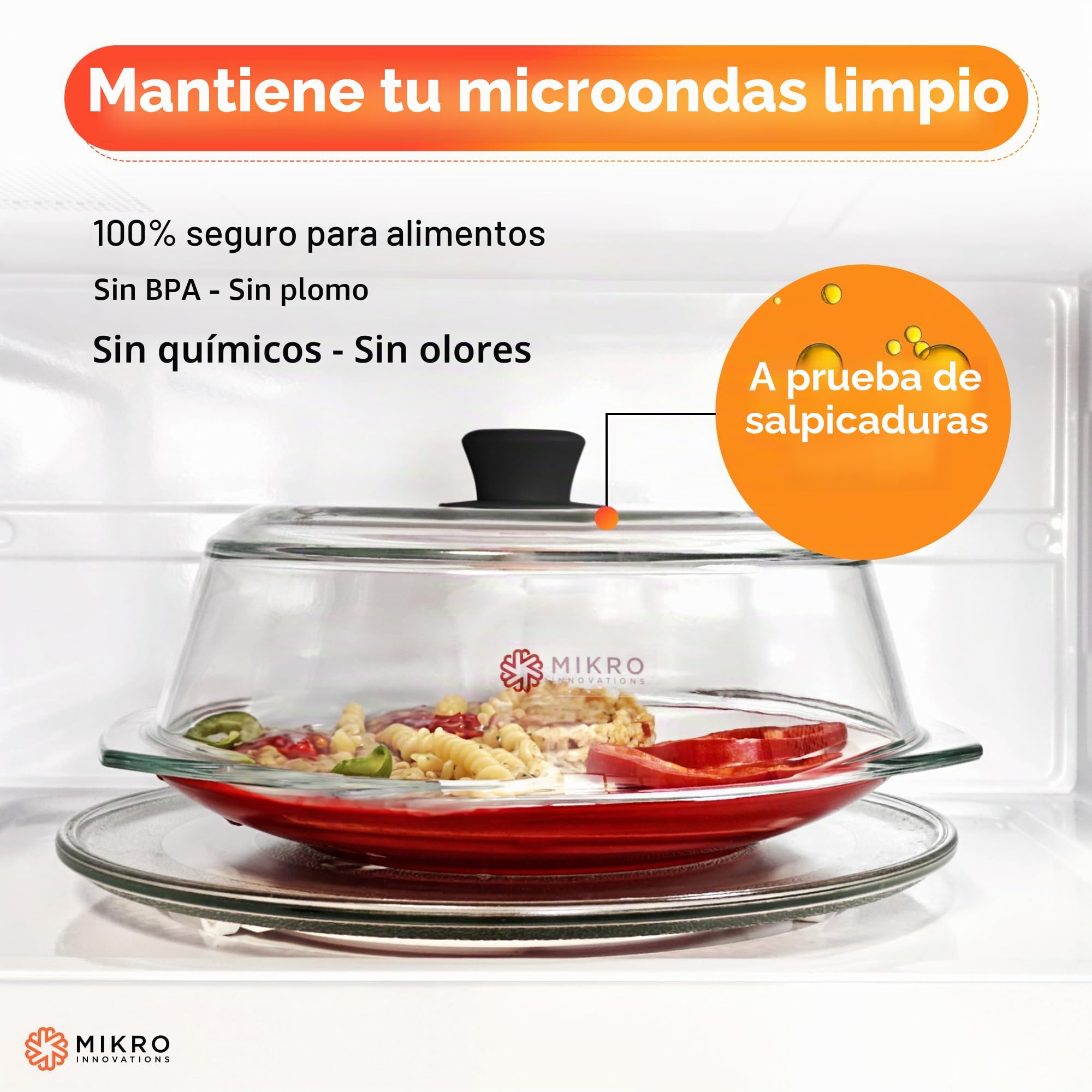 Cubierta alta de vidrio para salpicaduras de microondas | Tapa de vidrio transparente resistente 100% apta para alimentos, sin BPA, con mango de silicona de fácil agarre | Vidrio resistente para mayor