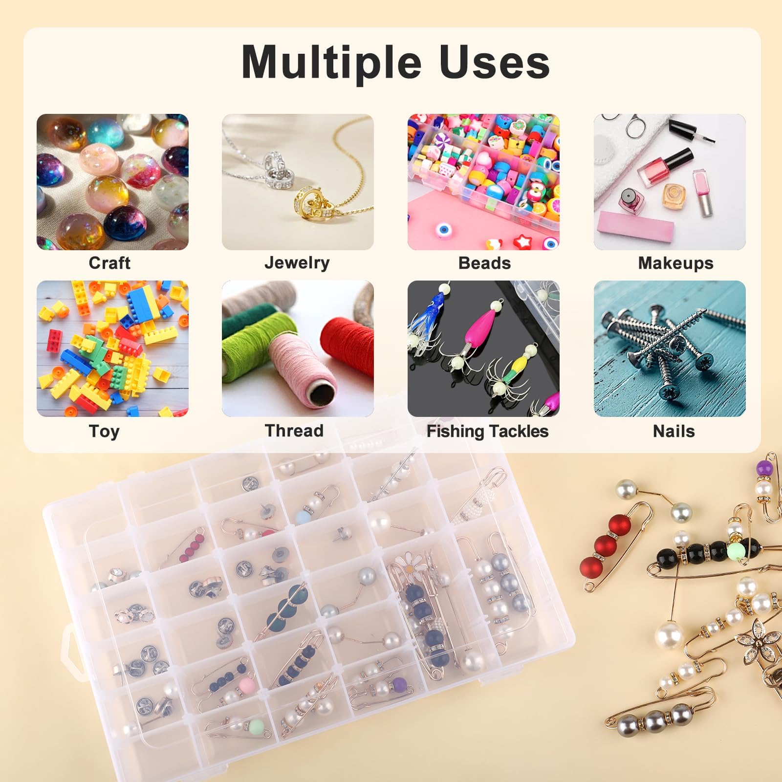 Confezione da 4 contenitori in plastica trasparente a 36 scomparti con divisori regolabili, organizer per piccole parti, organizer per perline, arte fai da te, scatole portaoggetti per