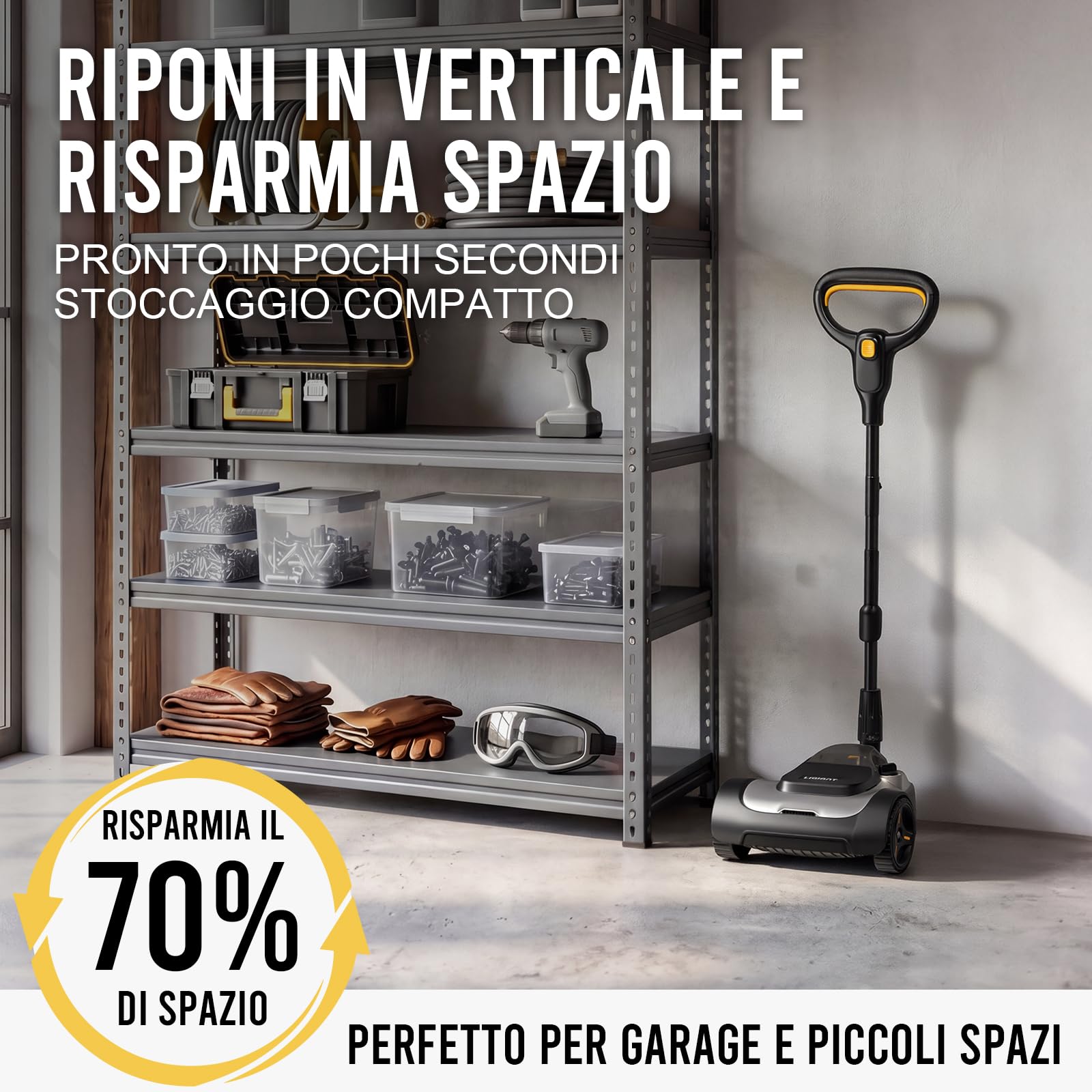 LIGIANT Tosaerba a Batteria Compatto e Leggero da 22 cm, Motore Brushless, Mulching, Altezza Regolabile su 3 Livelli, Sicurezza Inclinazione 10°–75°, Ideale per Piccoli Giardini e Angoli Stretti