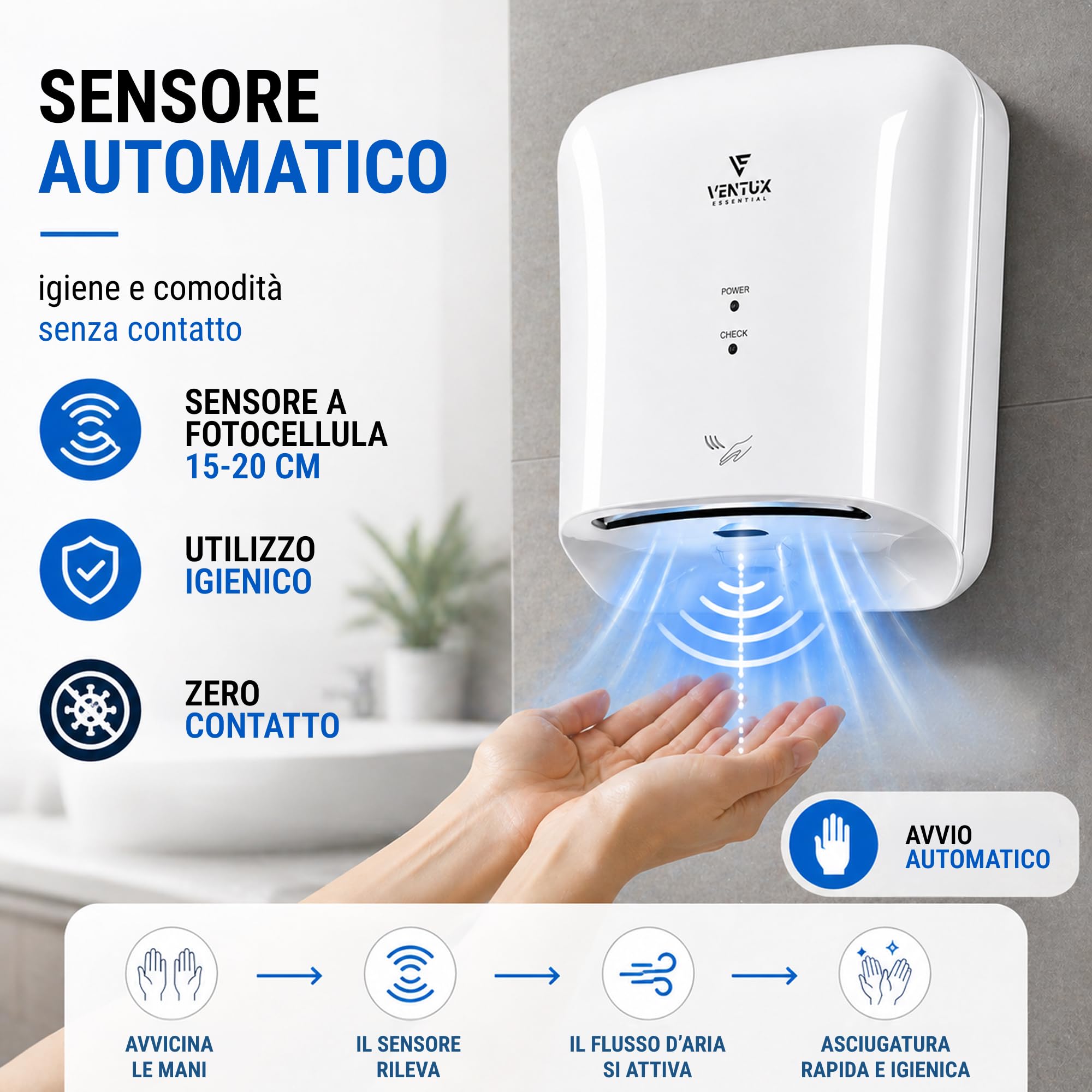 Secador de manos eléctrico blanco – de pared automático fotocélula IP24