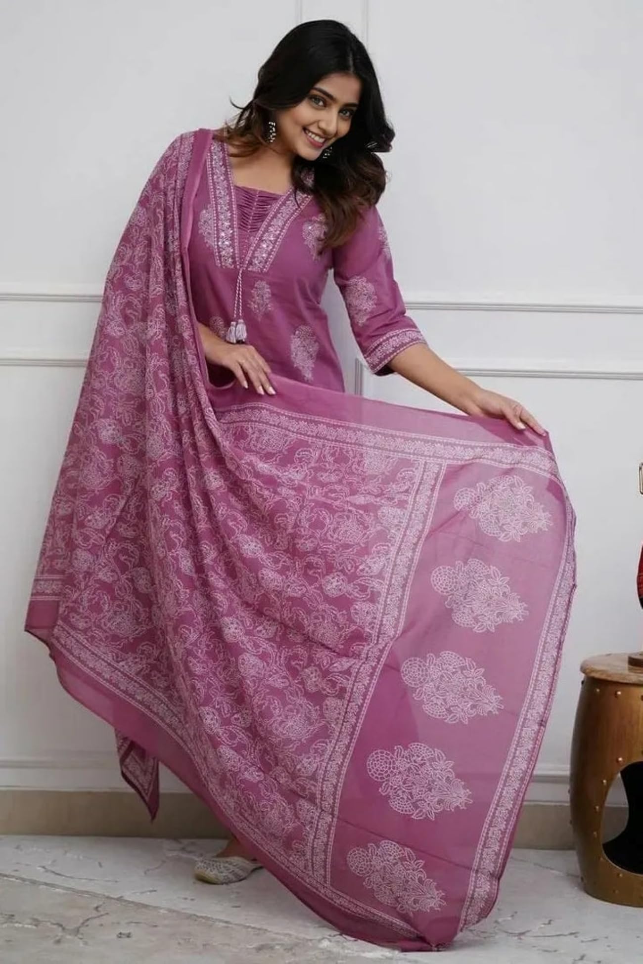 PARTHVI|Women's Pure Cotton Printed with Handwork Kurta with Pants and Dupatta Set | Ethnic Set | Suit Set | Kurta Set | Wedding Suit Set (P-1079-Wine-XL) - Image 5 thumbnail