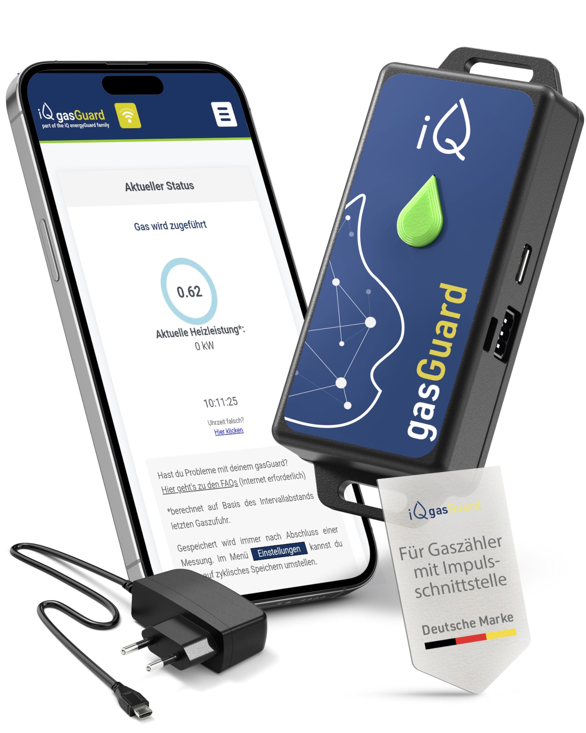 iQ gasGuard inteligentny licznik gazu z interfejsem impulsowym z funkcją alarmu i Wi-Fi - cyfrowy monitoring zużycia gazu i kosztów - licznik zużycia gazu i miernik z WiFi do smartfonów i komputerów