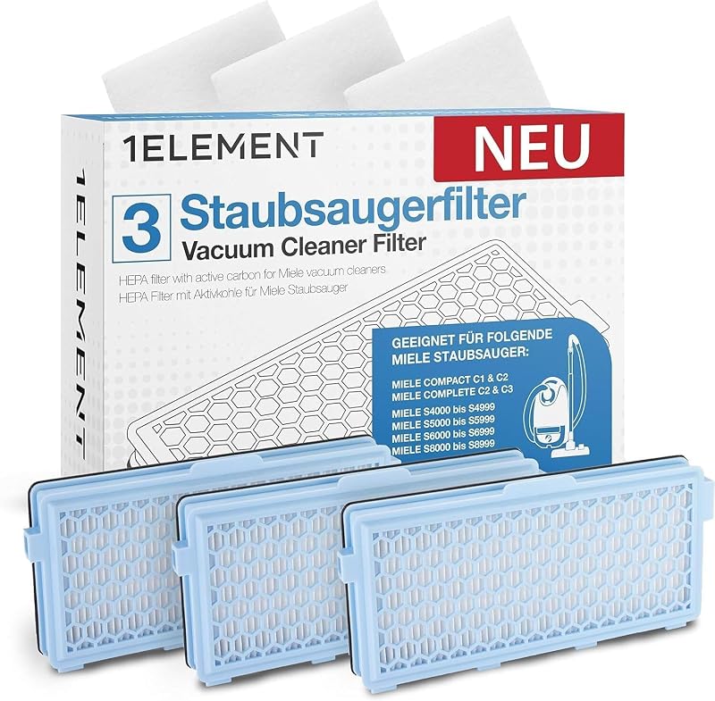 3 Filter für Miele Staubsauger [Compact C1 & C2, Complete C2 & C3, S8340] – 3 HEPA Filter und 3 Motorfilter für Allergiker gegen Feinstaub und Gerüche [S4000, S5000, S6000 & S8000 Series]