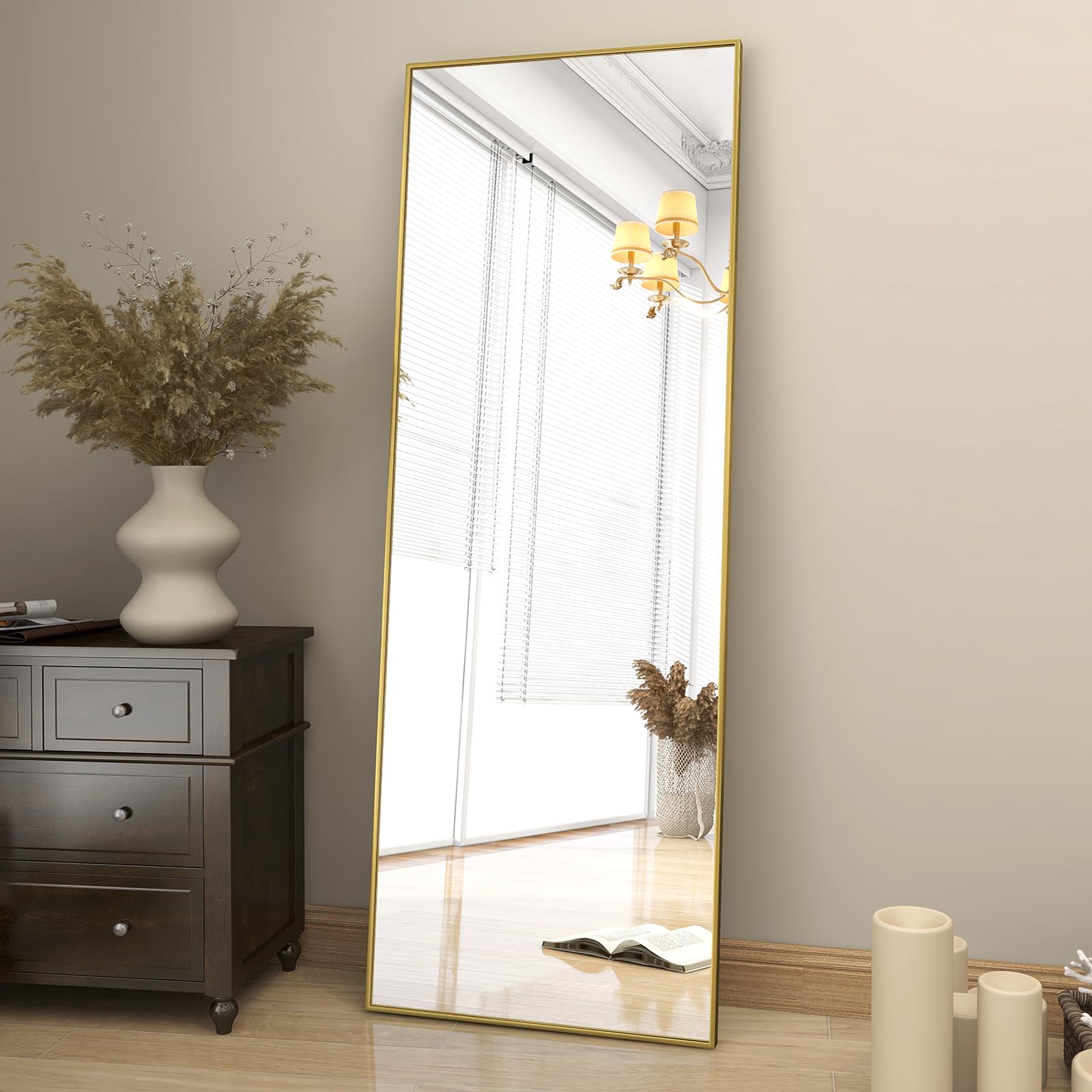 VETROVUE Gold Full Length Mirror, 58"x18" Standing Hanging or Leaning Against Wall Floor Mirrors Body Dressing Wall-Mounted for Living Room, Bedroom with Aluminum Alloy Thin Frame