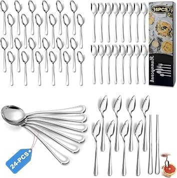Hunnycook 74-Piece Stainless Steel Spoons Bundle 24P 4.7" Espresso Spoons, 16P 7.2" Metal Sporks, 24P 6.9" Soup Spoons, 8P Grapefruit Spoons & 2P Knives