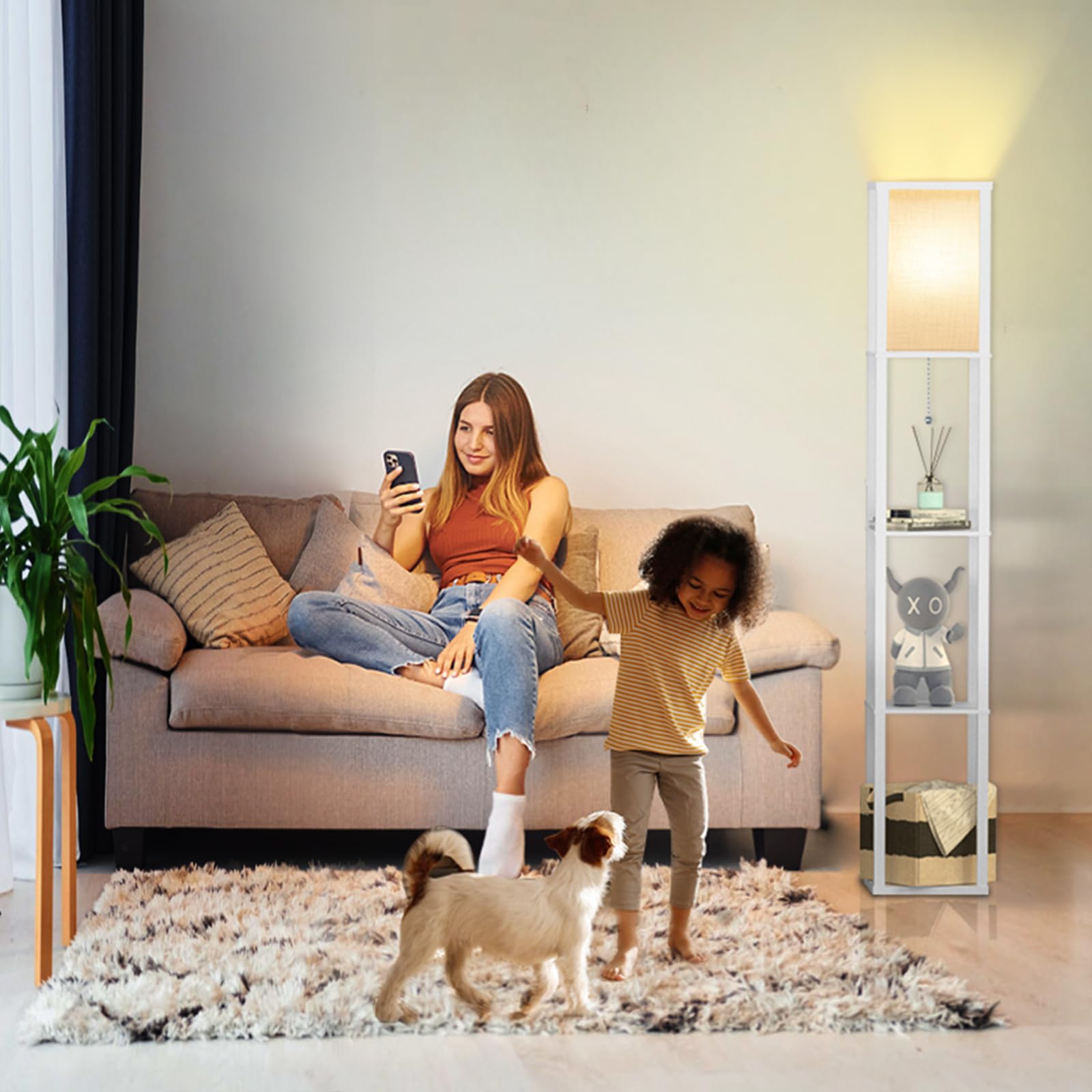 Omdekor Floor Lamp aus Holz, Wohnzimmer Stehlampe mit Fassung, Stehleuchte mit Regal 3 Farbtemperaturen 3000-5000K, Vintage Stehlampen für Wohnzimmer Schlafzimmer Arbeitszimmer Büro
