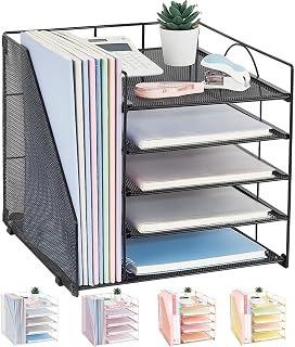5-Tier Metal Desk Organizer with Sliding Trays & File Holder - Space-Saving Paper Letter Tray for Office Supplies (Black)