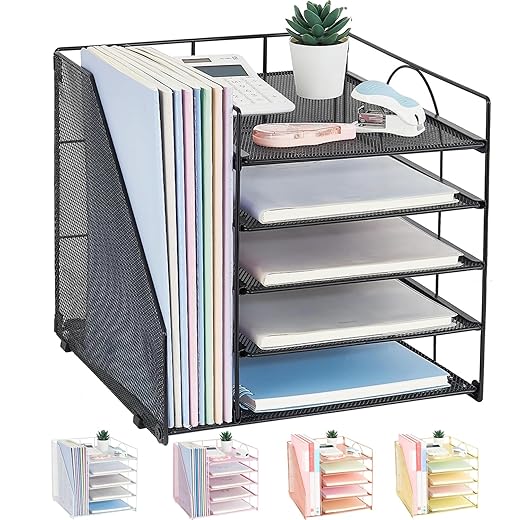 Desk Organizers and Accessories, 5-Tier Paper Letter Tray Organizer with File Holder, Desktop Organizer for Office Supplies (Black)
