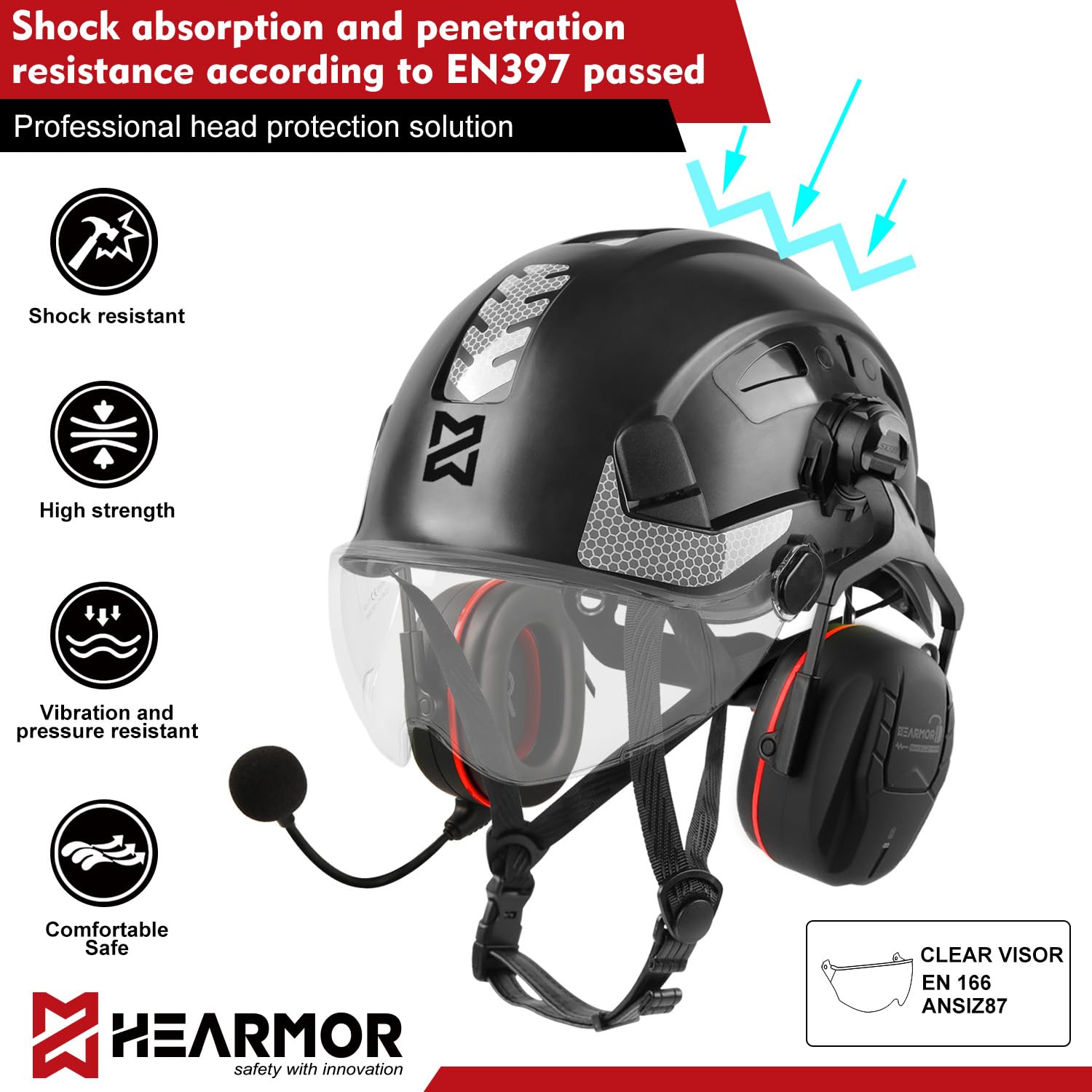 HEARMOR Kask przemysłowy dla dorosłych z aktywną ochroną słuchu, kask ochronny ABS, certyfikat EN12492, certyfikat EN397, amortyzacja uderzeń i odporność na penetrację, test SNR 32 dB z Bluetooth