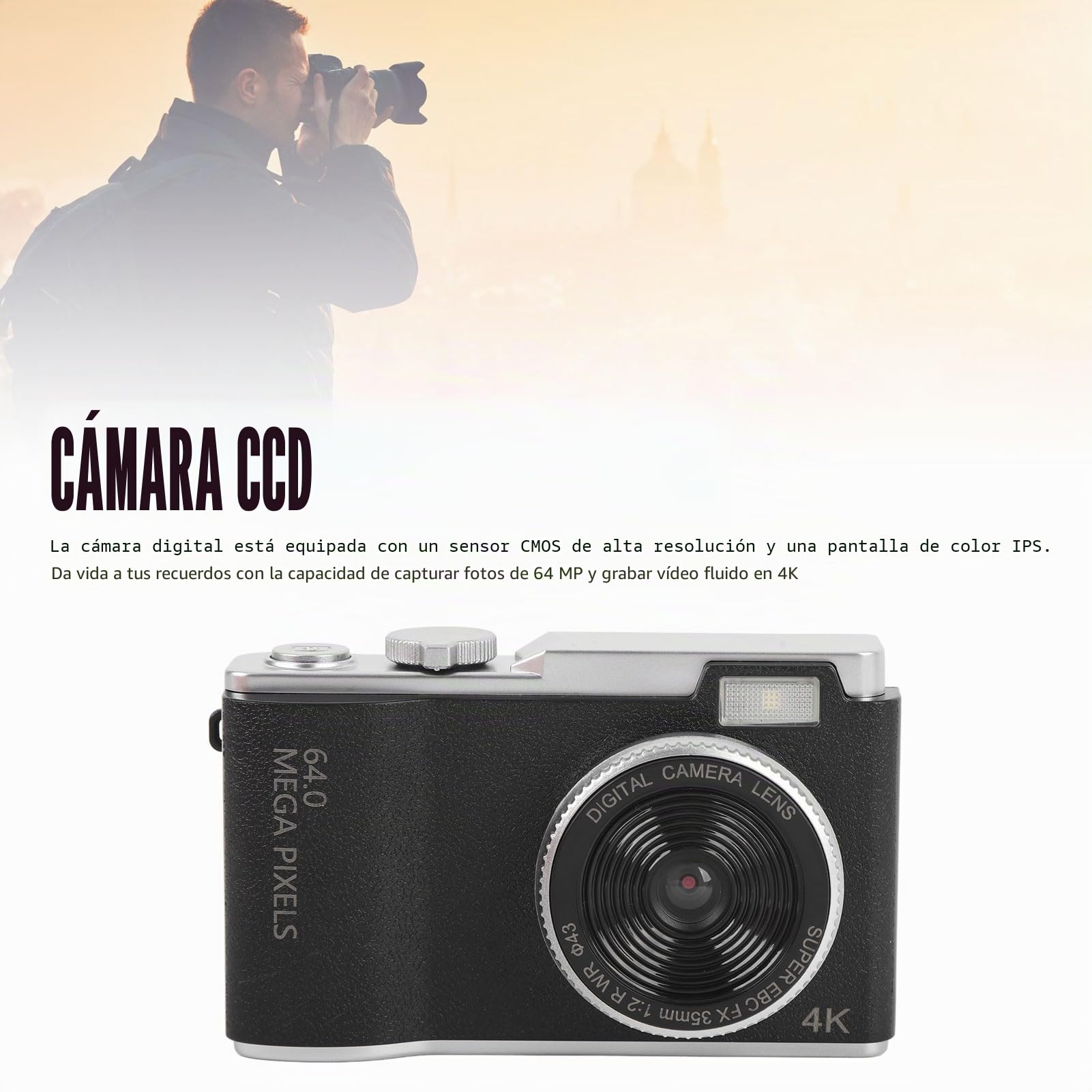 Cámara Digital 4K, Vintage CCD Vlog para Fotografía, Compacta y Portátil, Cámara para Adolescentes y Principiantes (64GB)
