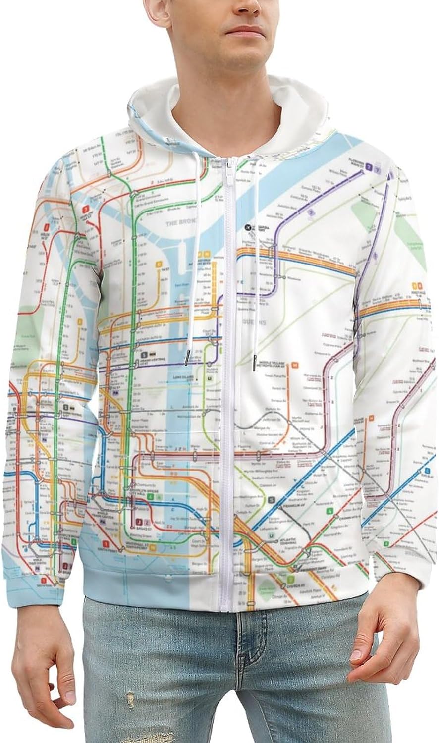 New York Subway Map Men's Hoodie Zippered Hooded Sweatshirt Lightweight Top with Pocket