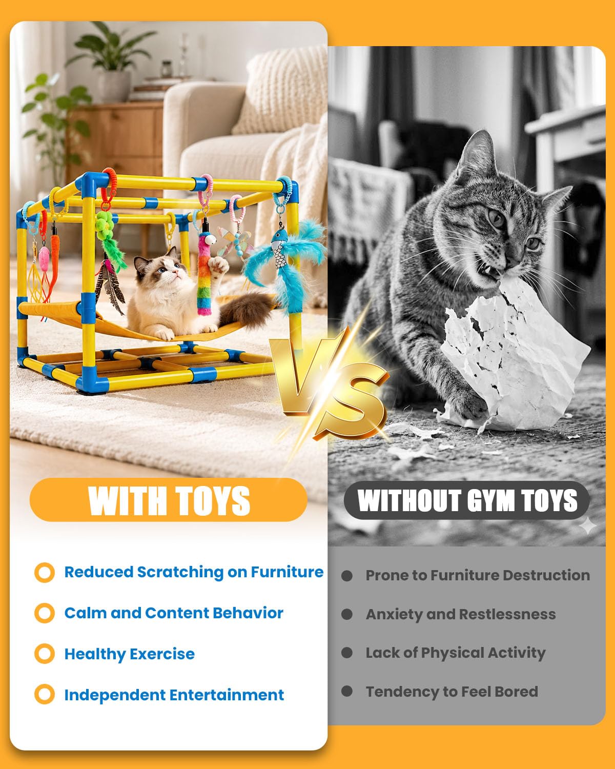 Gimnasio para Gatos con 10 Juguetes Interactivos Colgantes y Hamaca Cómoda | Centro de Actividades para Gatos de Interior, Estructura de PVC, 10 Cuerdas de Resorte, Parque de Juegos para Gatitos y Gatos