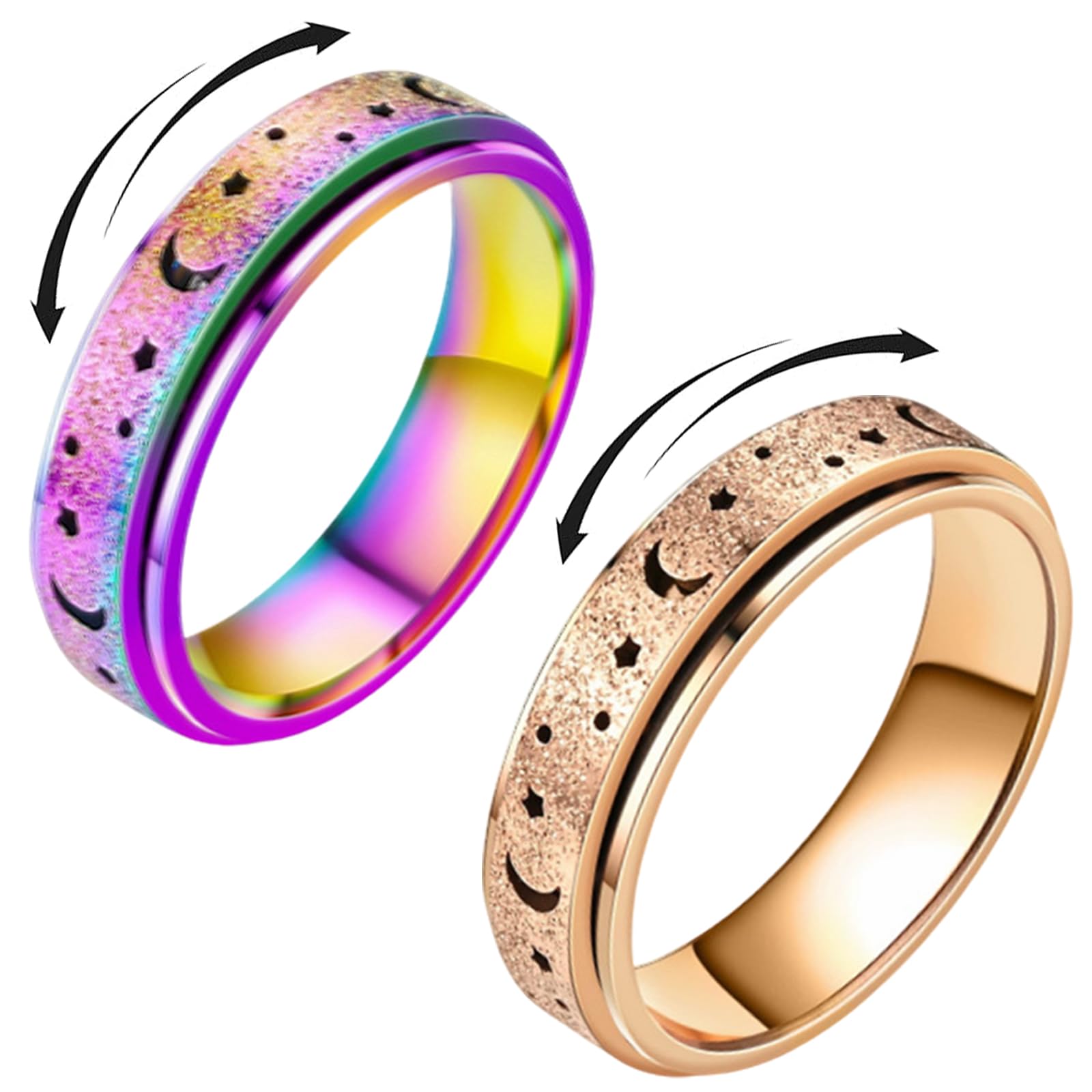 Yuqilin 2Pack Fidget Ring Star Moon Spinning Relief Anxiety Ring