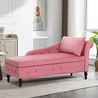 Upholstered Chaise Lounge with Right Armrest & Lumbar Pillow,Button Tufted Lounge Sofa with Storage,Lounge Chair Indoor,Modern Velvet Lounge Chair for Bedroom, Living Room and Office,Pink