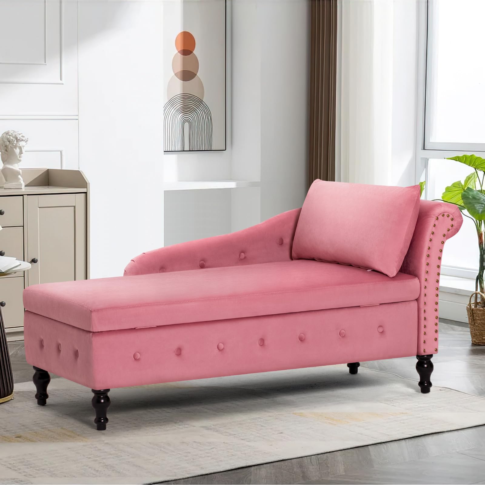 Upholstered Chaise Lounge with Right Armrest & Lumbar Pillow,Button Tufted Lounge Sofa with Storage,Lounge Chair Indoor,Modern Velvet Lounge Chair for Bedroom, Living Room and Office,Pink