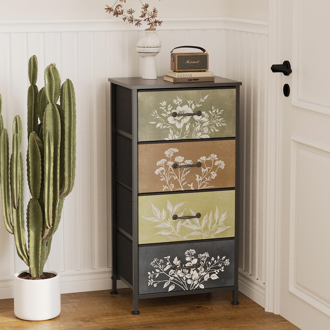 Tohomeor Vintage Floral Narrow 4 Drawers Dresser Nightstand Side Table