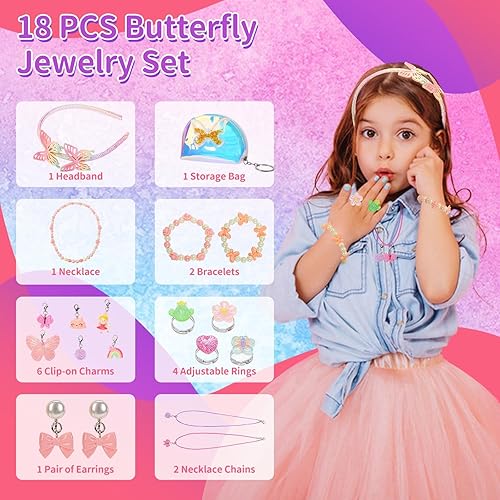 Miniatura 5 de ShineySky Joyas para niñas pequeñas, juego de 18 piezas de mariposas, collares, pulseras, anillos, aretes, diadema, accesorios de juguetes de