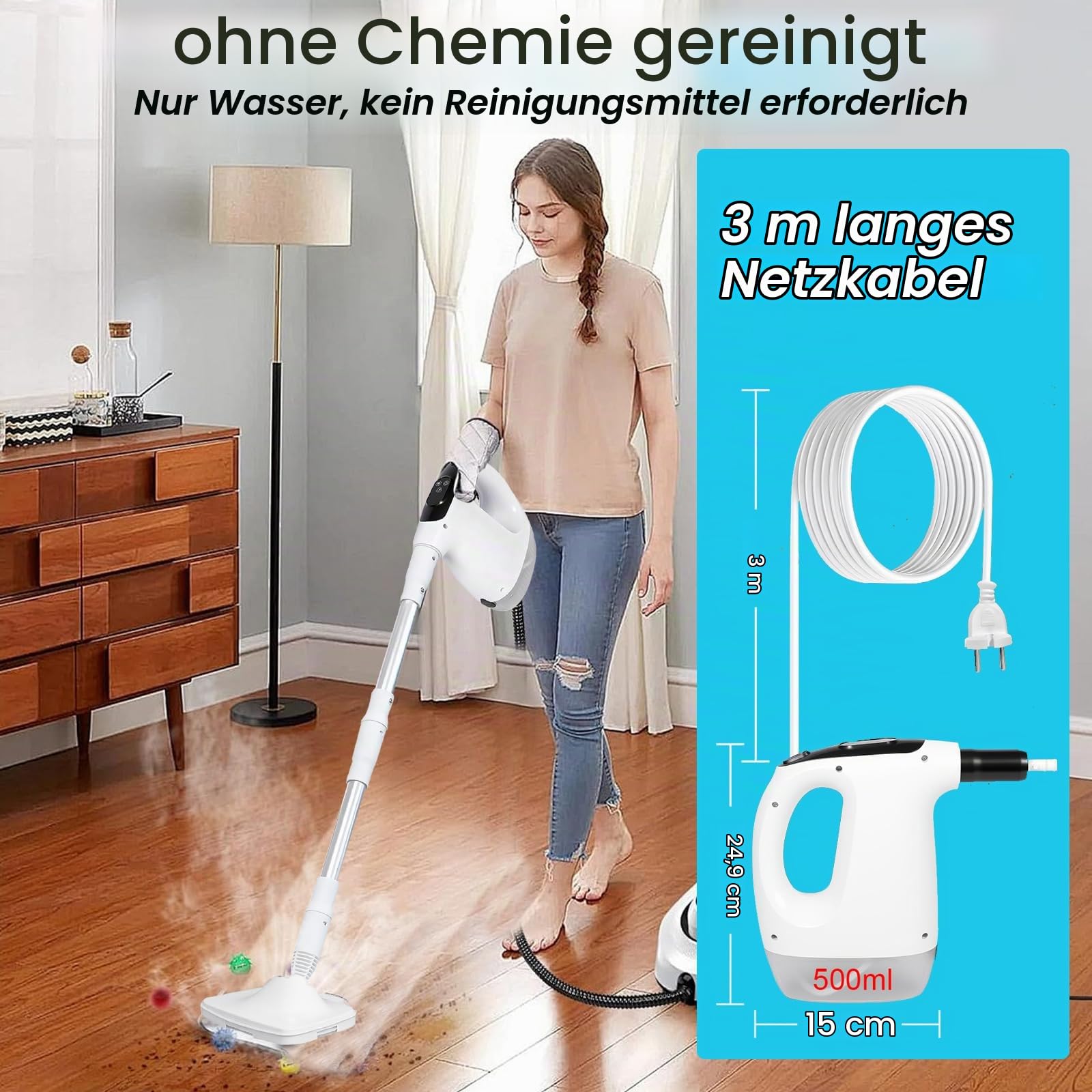 Multifunktionaler Dampfreiniger & Wischmopp, 15S Schnelle Aufheizung Dampfwischer, 230°F Heißdampf, Dampfreiniger & Dampfbesen für Alle Böden, Teppiche, Fenster, Badezimmer und Küchen