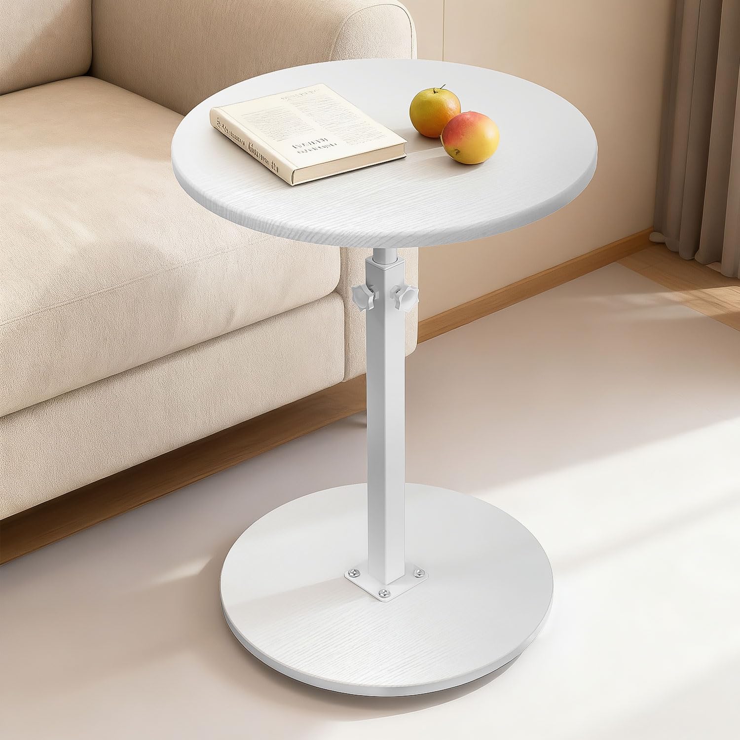 Tavolino in legno regolabile in altezza 45-77 cm, tavolino in legno con ruote, tavolino rotondo, diametro piano del tavolo 40 cm, tavolini per divano, soggiorno, bancone bar, bianco