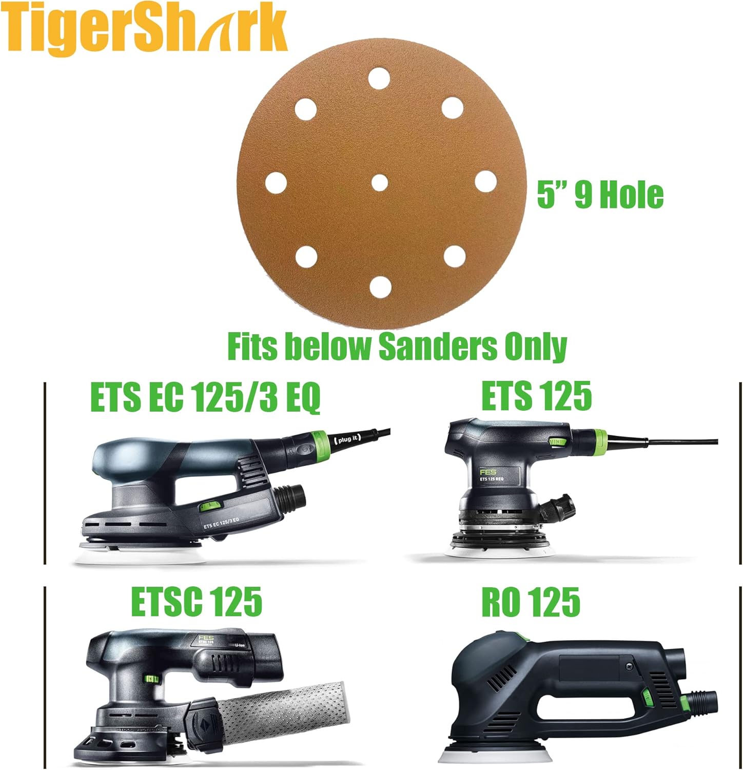 TigerShark 5 Inch Sanding Discs 9 Hole Wet Dry Grit 180 50pcs Pack Special Anti Clog Coating Film Green Line Hook and Loop Dustless Random Orbital Sander Paper