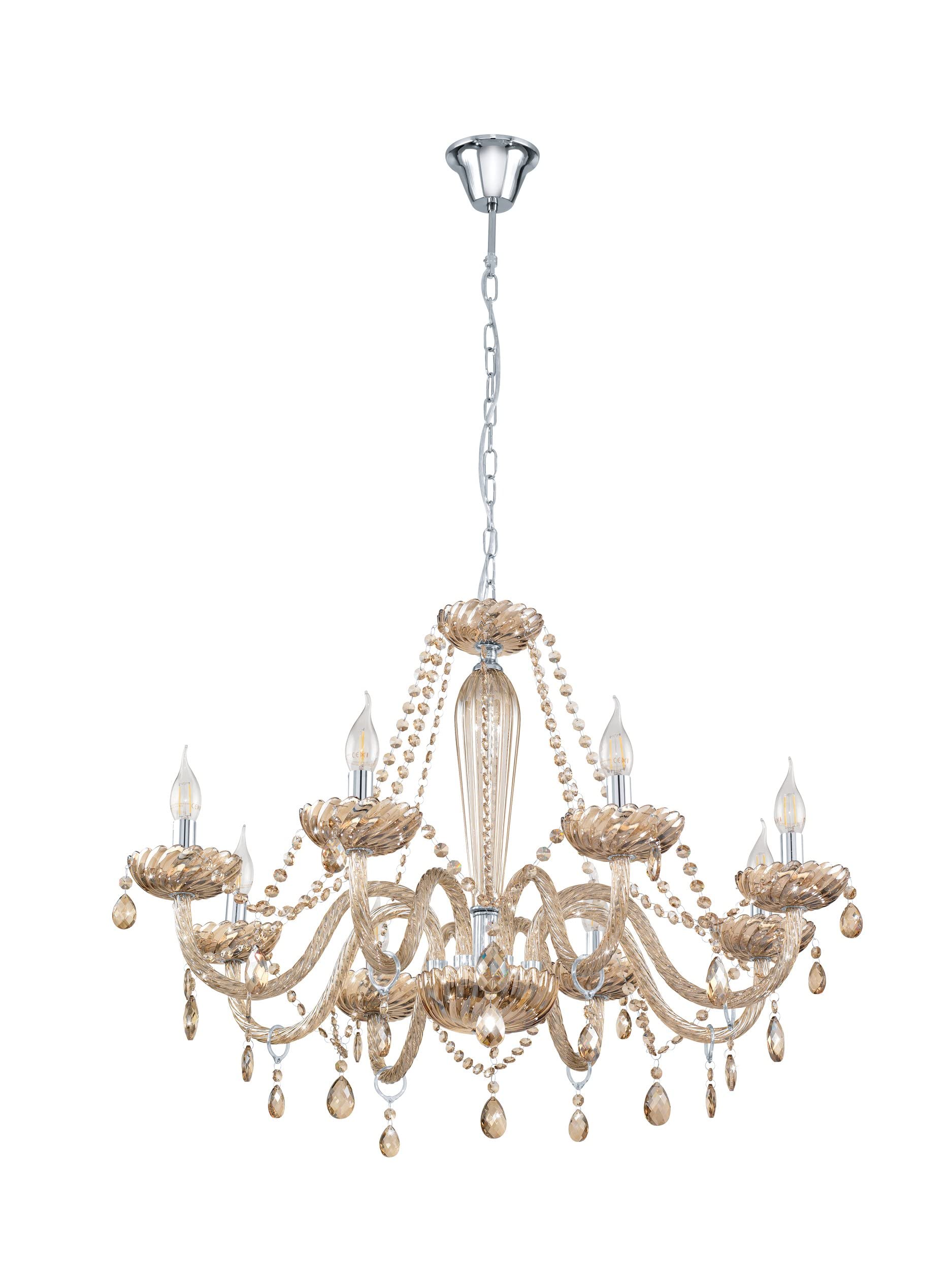 Eglo Pendant Light Basilano, 8-arm Chandelier Vintage, Shabby Chic, Hanging Lamp Made of Steel and Glass in Chrome, Cognac, Dining Table Lamp, Living Room Hanging Light with E14 Socket