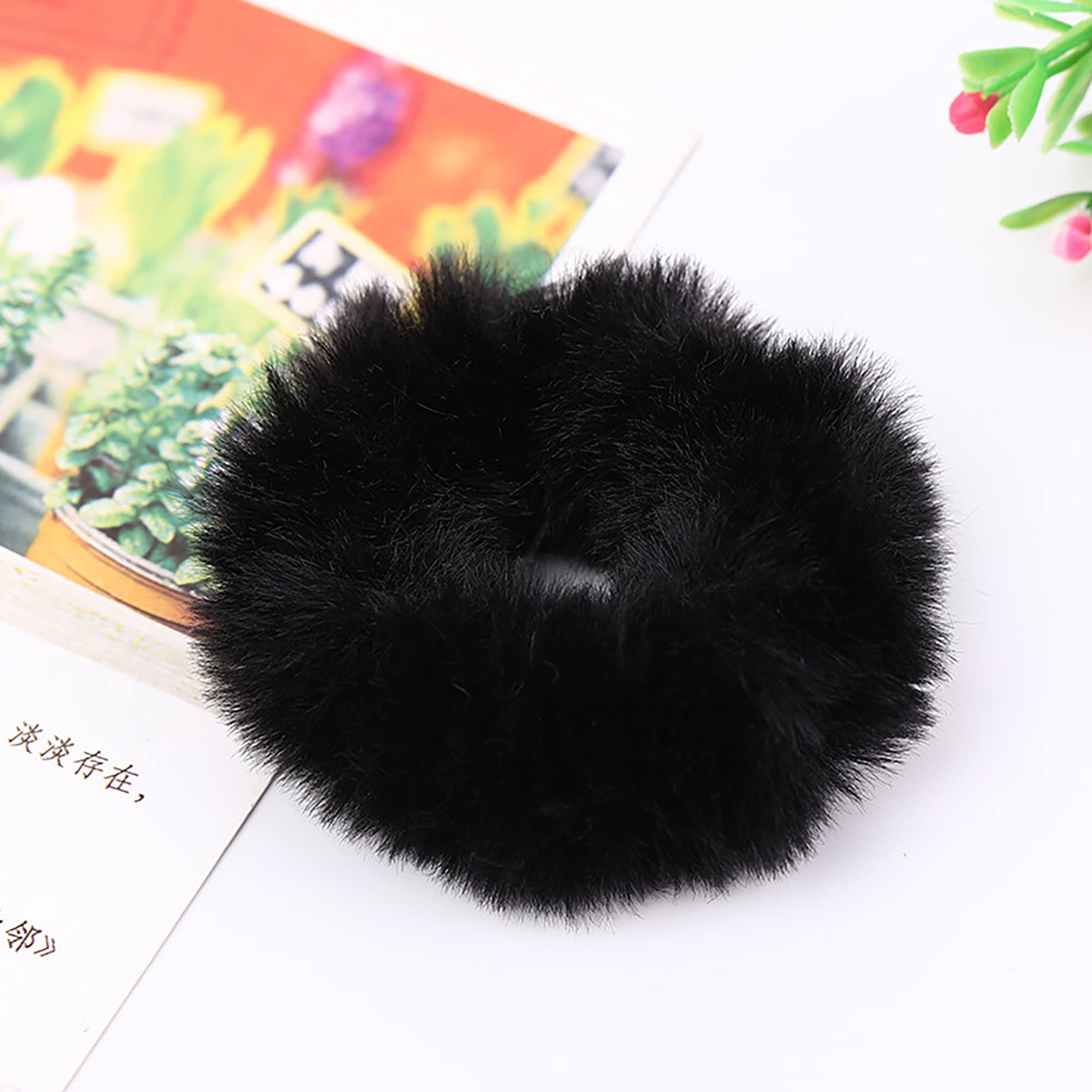 3Pcs Black Fluffy Hair Ties Faux Fur Rabbit Hair Ties - Image 3