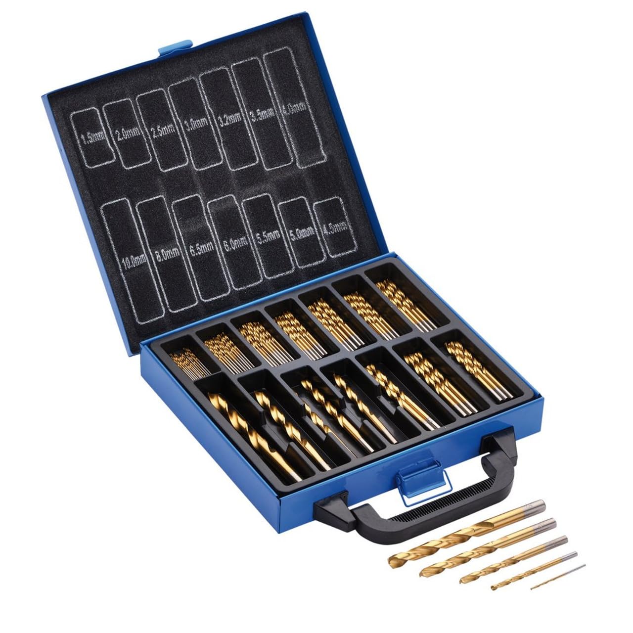 Draper Set di punte da trapano rivestite in nitruro di titanio HSS da 1,5-10,0 mm, per acciaio, metalli non ferrosi, legno e plastica dura, 99 pezzi