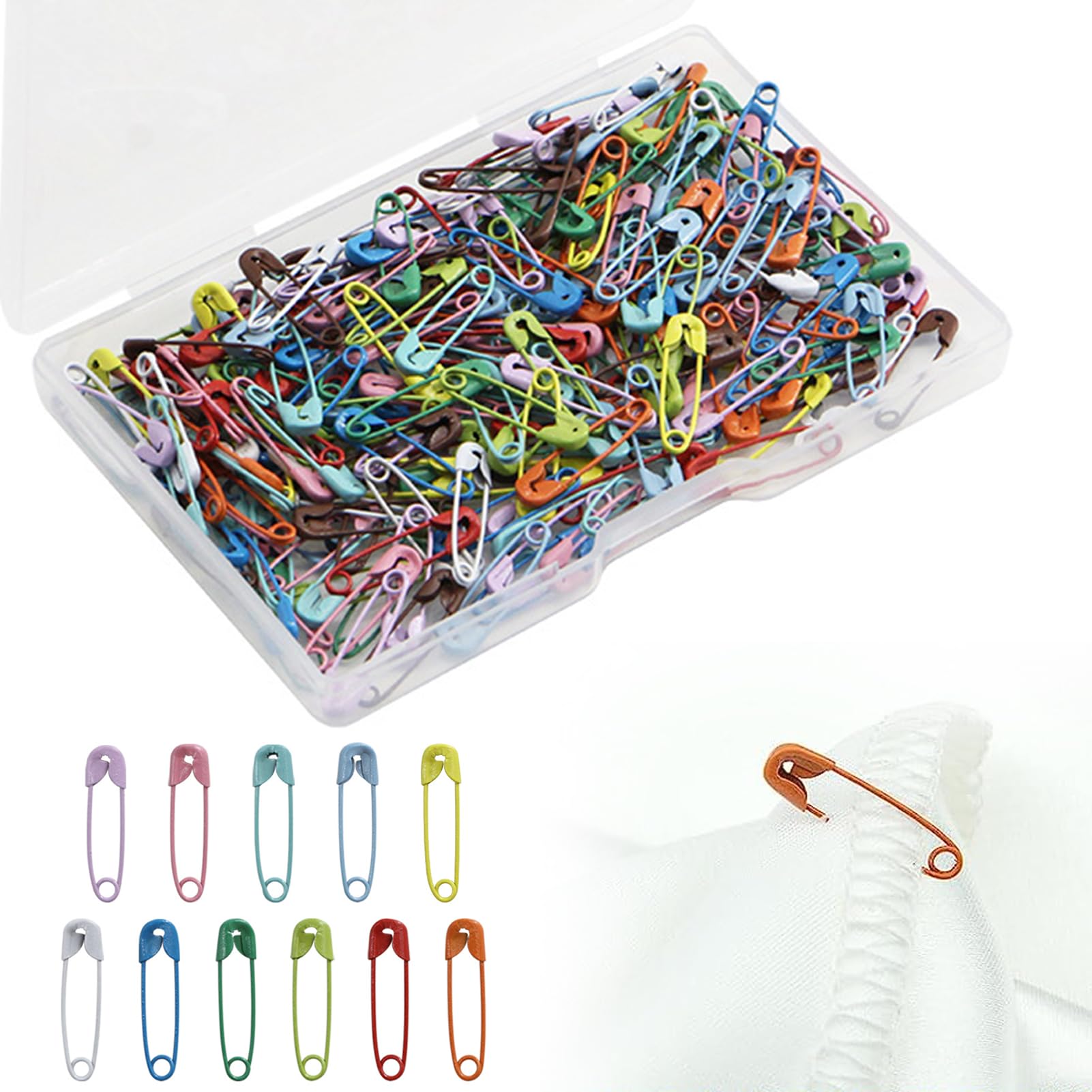 150Pcs Small Safety Pins with Clear Case Coloured Safty Pins for Clothes Sewing Craft Size Tag garment fastening Quilting Jewelry Making Fixing Sweaters Scarves Decorations