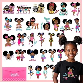 Kaciola 30 Sheets Cartoon Black Girl Iron on Transfers, Cute Girl DTF Transfers Ready to Press Washable Stickers Iron on Decals for T Shirts Hoodie DIY Crafts