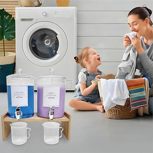 Miniatura 2 de Dispensador de detergente para ropa de vidrio, paquete de 2 dispensadores de suavizante de tela de jabón con soporte de bambú, etiqueta de espigas