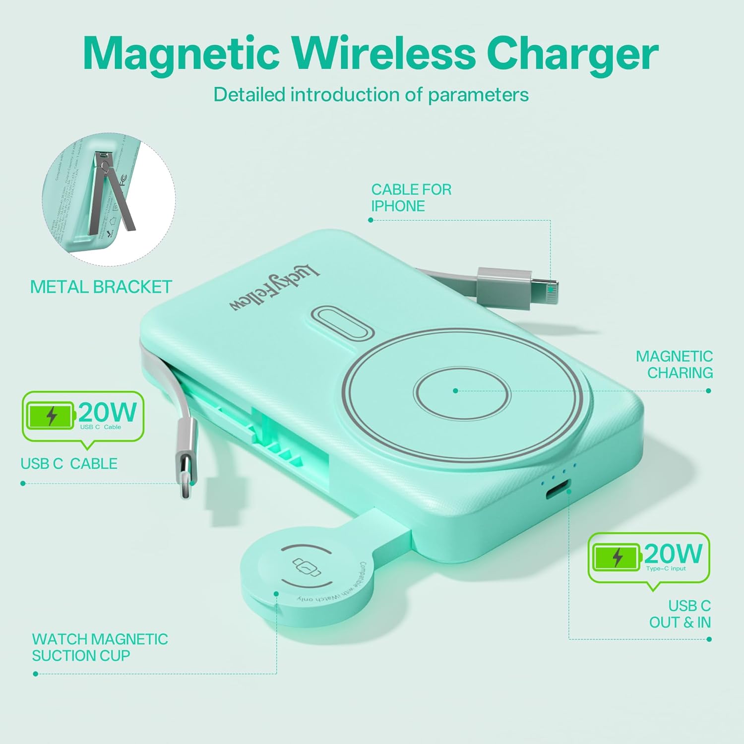 Magnetic Portable Charger Built-in Cables,10000mAh Fast Charging Wireless Charger Station External Battery Pack Slim Pocket Size Power Bank with Stand Compatible with iWatch, iPhone and Android Phones - Image 6