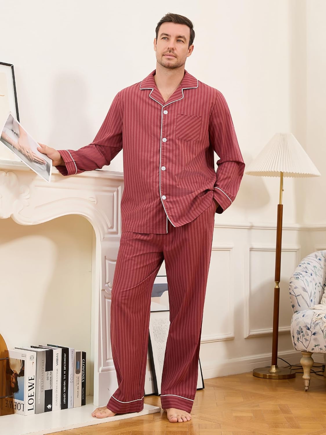 U2SKIIN Couple Pajama Sets, Soft Cotton Button-Down Striped Pajamas for Men and Women Long Sleeve Sleepwear with Pockets - Image 3