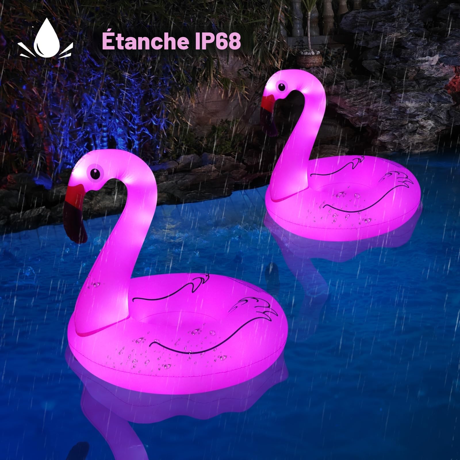 DeeprBling bouée Flamant Gonflable avec Lumières Solaires, Flamant Rose Gonflable, Grand Flamant Bouée Piscine Adulte, Anneau Flotteur Gonflable pour Piscine (105x105x100cm)