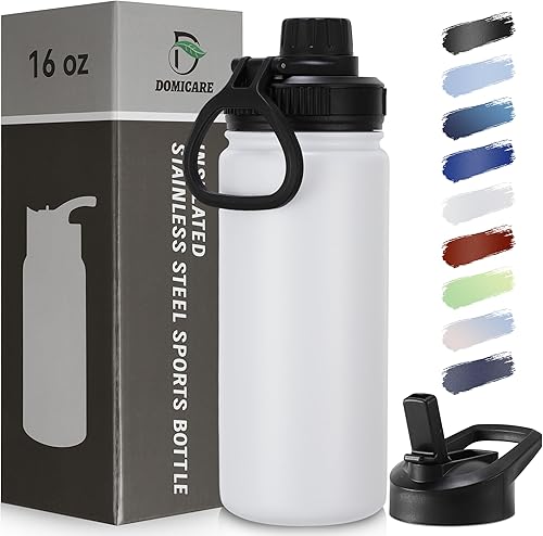 Miniatura 84 de DOMICARE Botella de agua aislada, 22 onzas, botella deportiva reutilizable de acero inoxidable aislada al vacío con tapa de popote y tapa de