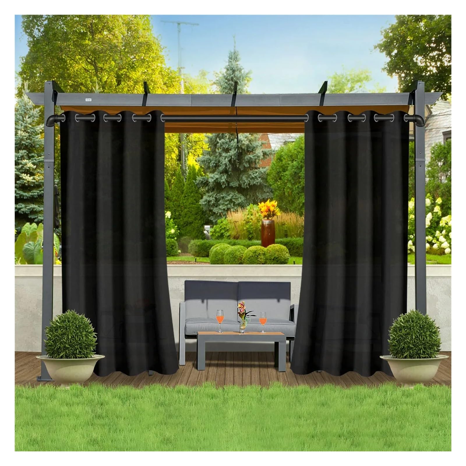 Zymjzbetic Pergola Curtain 1PC, Waterproof Outdoor Polyster Grommet Top Curtain, For Gazebo, Porch, Pergola and Patio Decoration(Black,GROMMET TOP_W254 X H213)