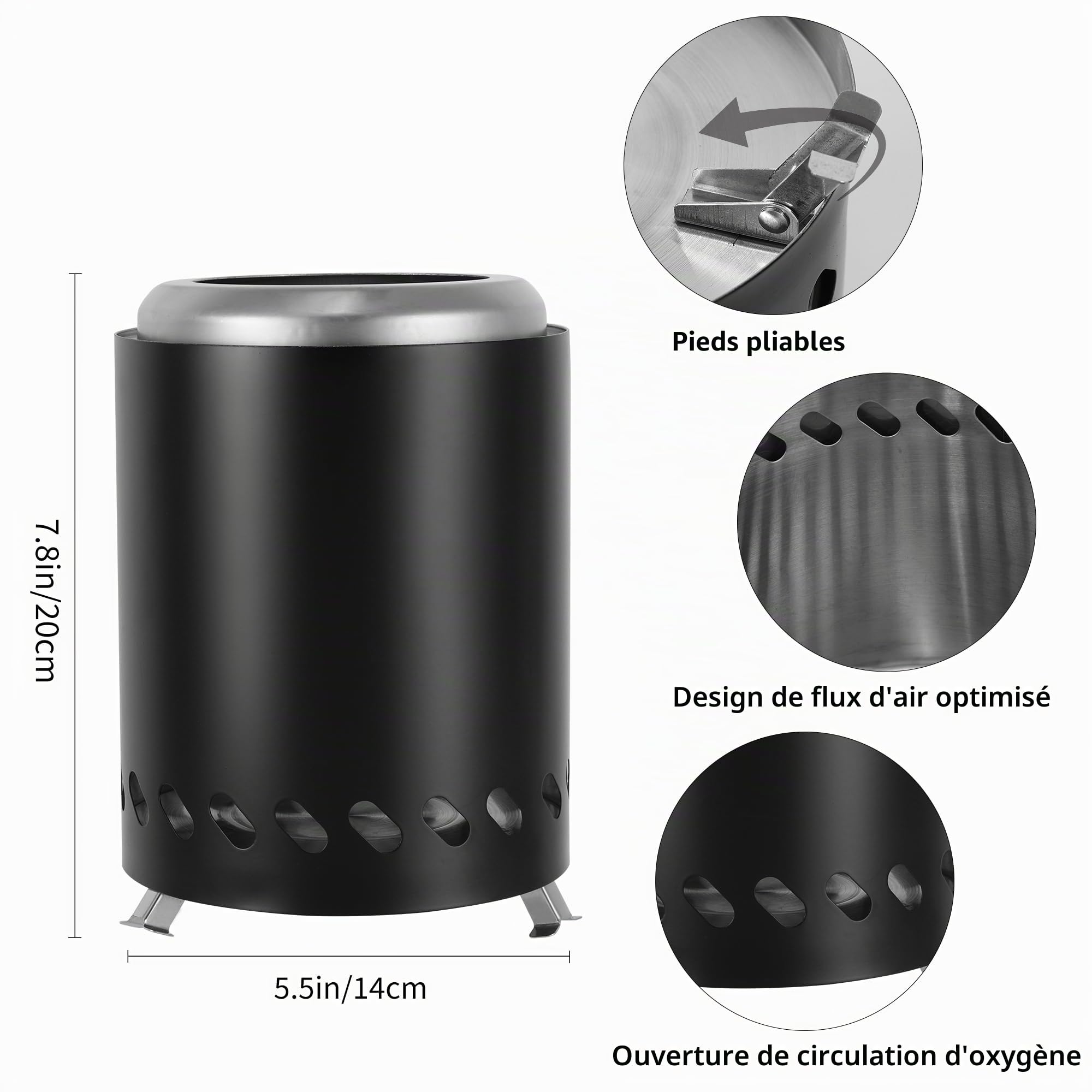 Cheminée portable en acier inoxydable pour le camping, fonctionne avec des granulés ou du bois, avec sac de transport, couleur noire