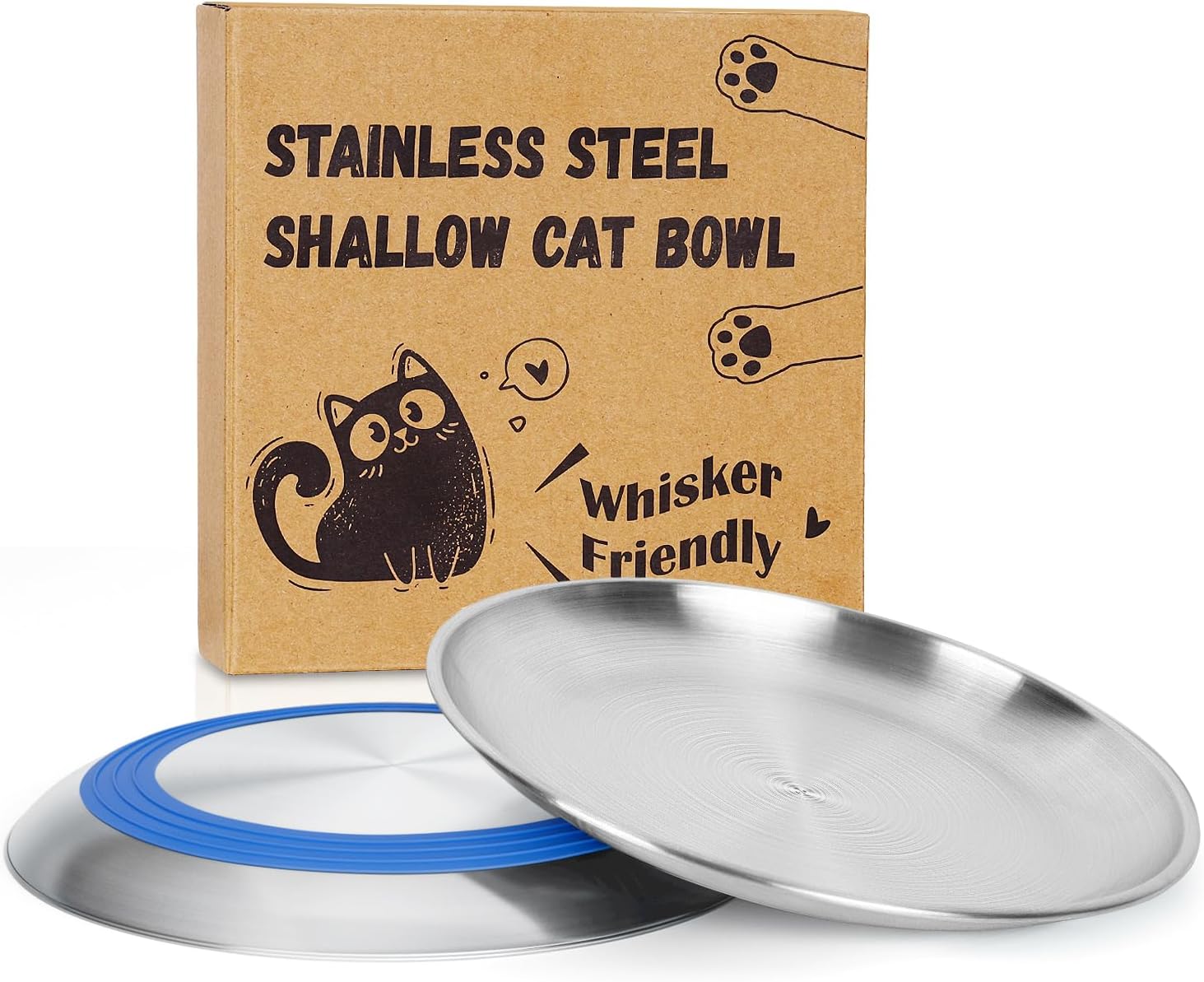Supet Cat Plates for Wet Food, Non Slip Whisker Friendly Food Bowls, Stainless Steel Shallow Wide Dishes for Indoor Cats (13Oz, 10Pcs)