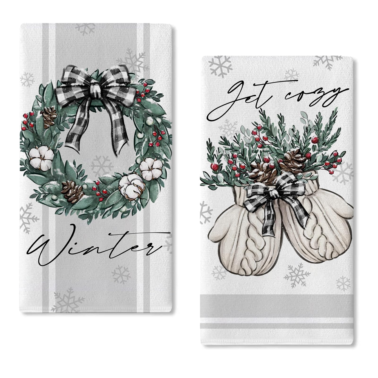 Seliem Winter Wreath Glove Kitchen Dish Towels Set of 2, Get Cozy Berry Buffalo Plaid Bow Snowflake Hand Towels Drying Baking Cooking Cloth, Christmas Holiday Farmhouse Home Kitchen Decor 18x26 Inch