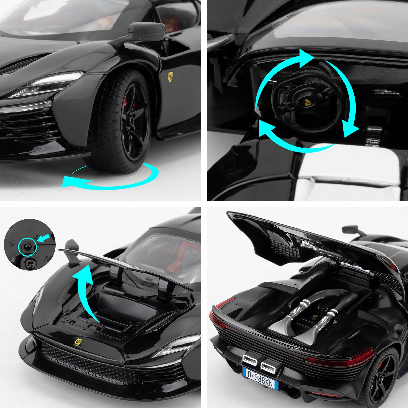imtfzct 1/22 Ferrari SP3 Alloy Toy Car, Collectible Model Car with Sound and Light Function and Pull Back Function, Black - Image 3