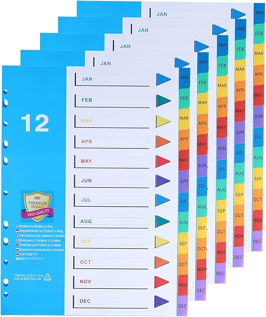 DONGLI A4 File Dividers 12 Part Index Jan-Dec (5 Pack) 12 Part A4 Subject Dividers Index Dividers with 11 Hole Reinforced Colour Month Index Tabs for Home Office