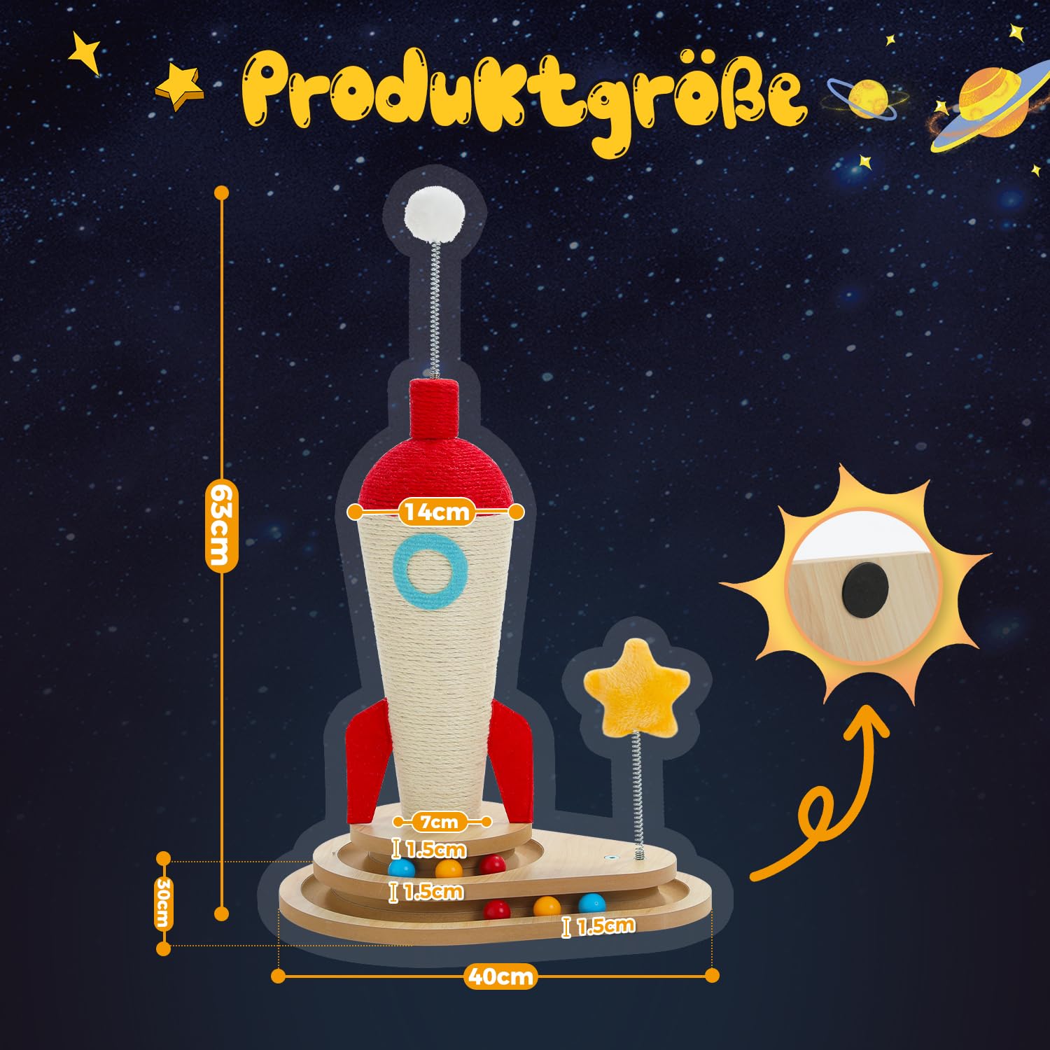 PETEPELA Rocket Design drapak dla kotów domowych, 61 cm, drapak dla kota z interaktywną zabawką dla kota, niebieski i biały