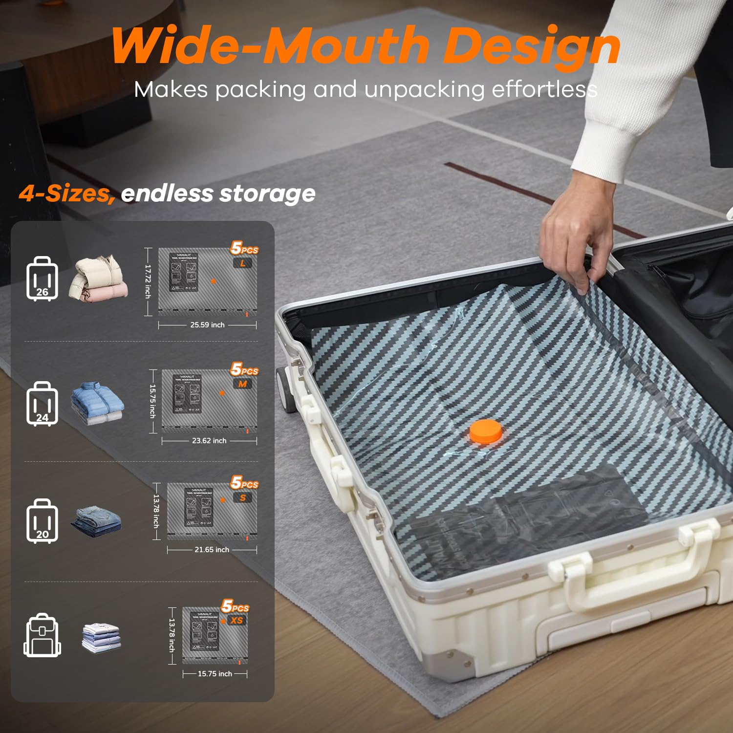 Sacchetti sottovuoto da viaggio con pompa elettrica ricaricabile wireless, confezione da 20 sacchetti sottovuoto essenziali da viaggio per abbigliamento, sacchetti salvaspazio a compressione per