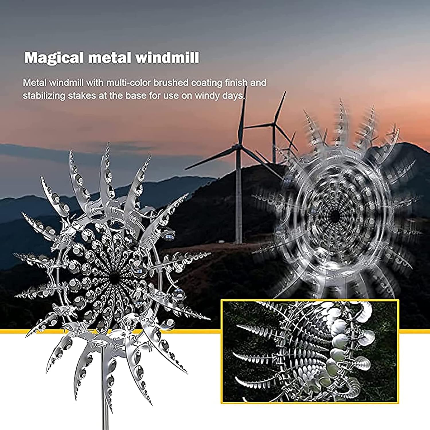 Mulino a vento in metallo unico e magico 3D in acciaio inox, facile da installare, scultura cinetica alimentata dal vento, con paletto da giardino in metallo, decorazione da giardino