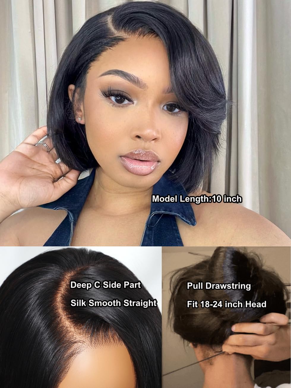 Nadula Short Layered Bob Human Hair Wig with Side Bangs 12 Inch Glueless 7x5 Bye Bye Knots Lace Closure Wig Pre Plucked Pre Cut Drawstring Wig Real Human Hair Ready to Wear for Women 150% Density
