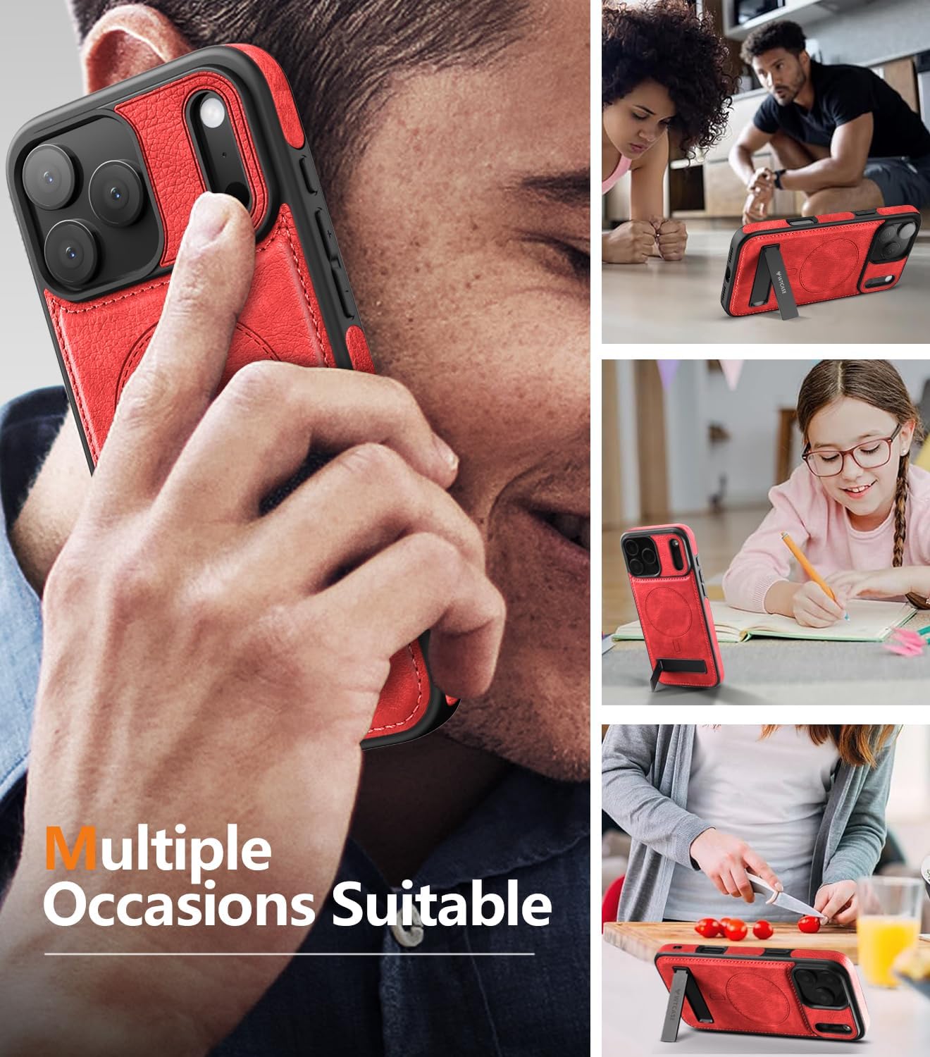 Magnetic for iPhone 17 Pro Max Leather Case,Built-in Invisible Stand [Compatible with Magsafe] Protective Slim Kickstand Phone Cover for iPhone 17 Pro Max,Red - Image 8