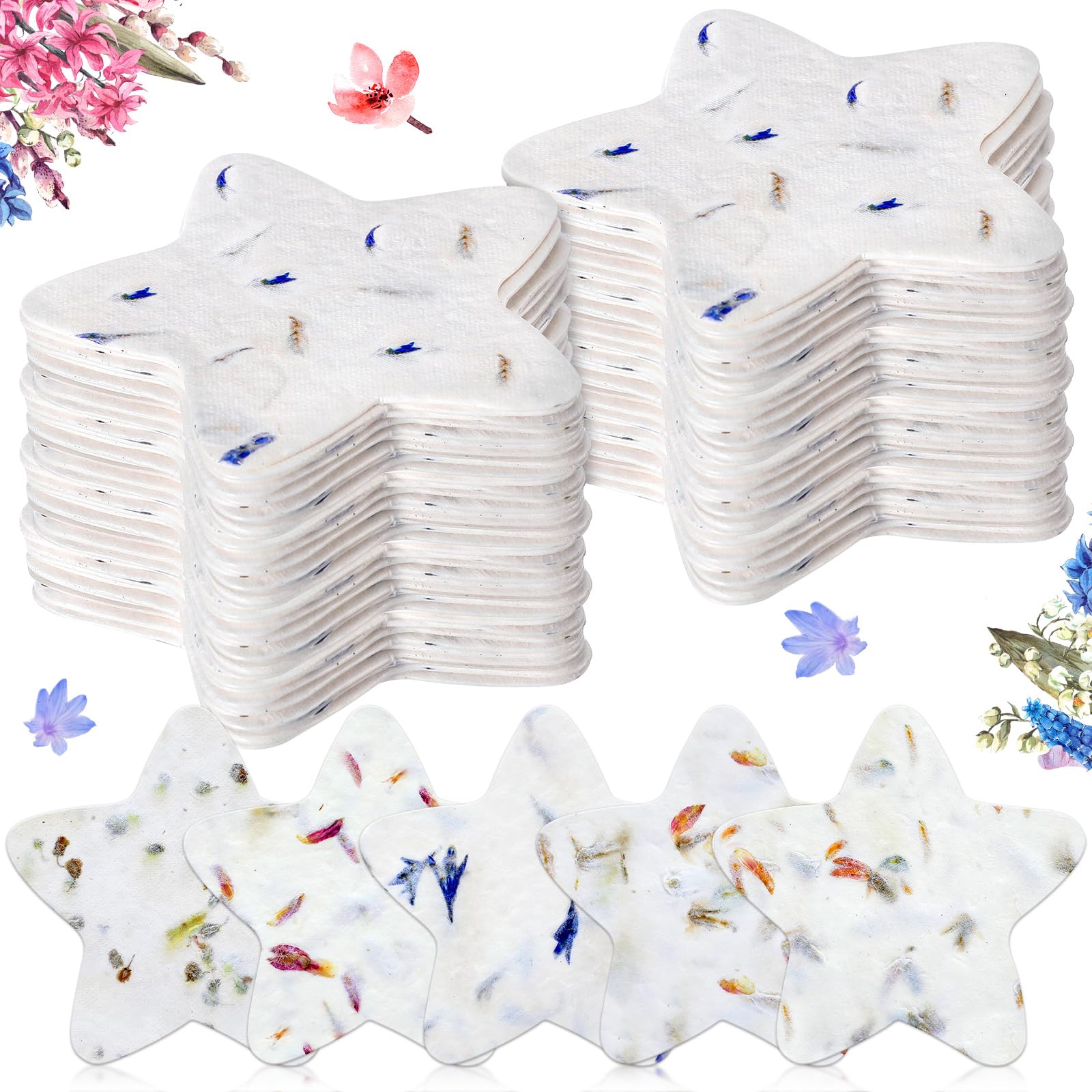 Dunzoom 50 Pcs Handmade Seed Paper Plantable Wildflower Seed Paper Recycled Flower Petals Tags Wedding Favors for Guests Craft Gifts Cards for Envelope Birthday Party, 5 Styles (Star)