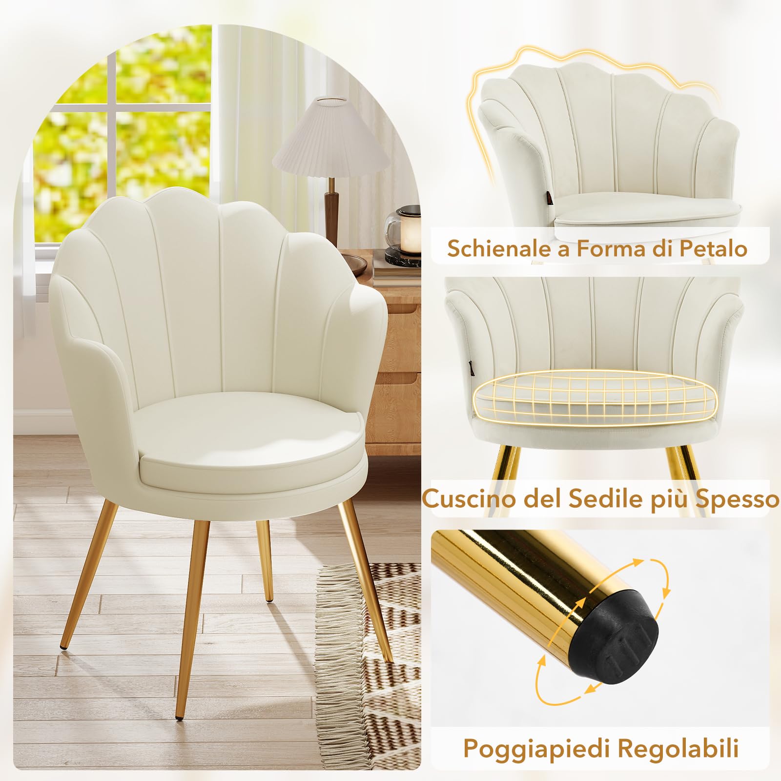 Poltrona Conchiglia Camera da Letto, Poltrona da Salotto in Velluto, Poltroncina Imbottita con Gambe in Oro per Soggiorno Camera da Letto Sale da Pranzo, Beige