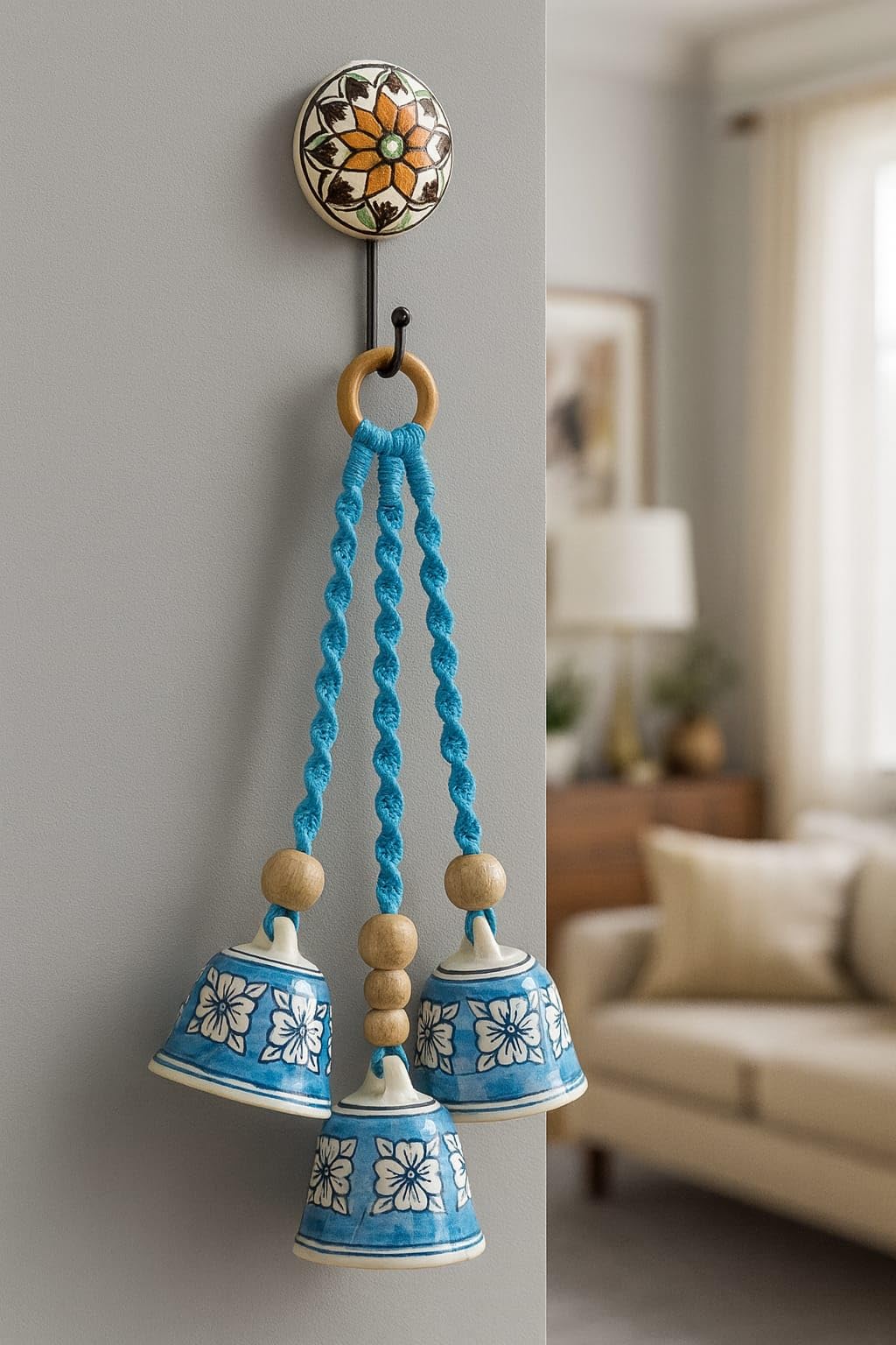 Ceramic Wind Chime with Floral Bells & Ceramic Hook | Handmade Décor for Balcony, Home & Living Room | Artisan Crafted Gift-image-4